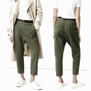 Nili Lotan 8 Paris Pants $345 Cotton Drop Crotch Crop Army Green Slouchy NWT!